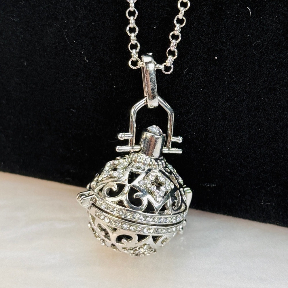 Silvertone Lava Ball Stone Sphere Diffuser Locket Pendant Necklace